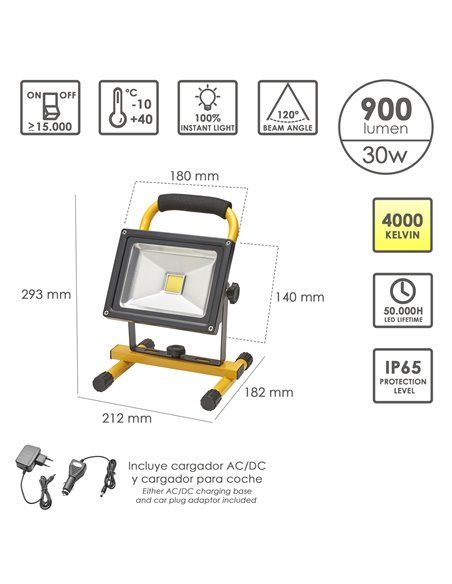 Foco Led Recargable 30 Watt Luz Blanca 4000º K IP 65 900 Lumenes Con