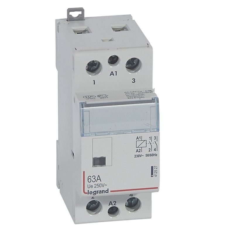 Contactor con bobina 230 V 2P 250V 63 A 2 NC 2 módulos. LEGRAND 412527