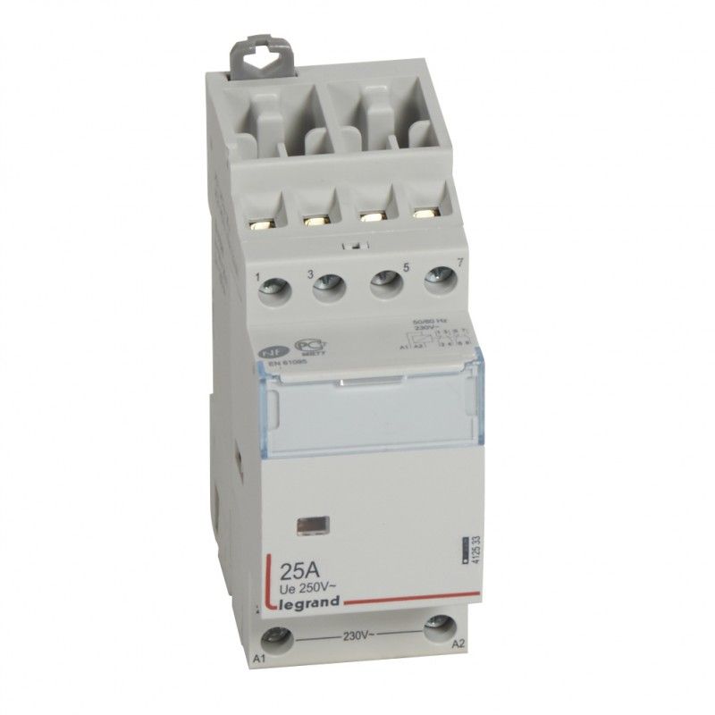 Contactor con bobina 230 V 4P 400 V 25 A 2NC+ 2NA- 2 módulos. LEGRAND 412533