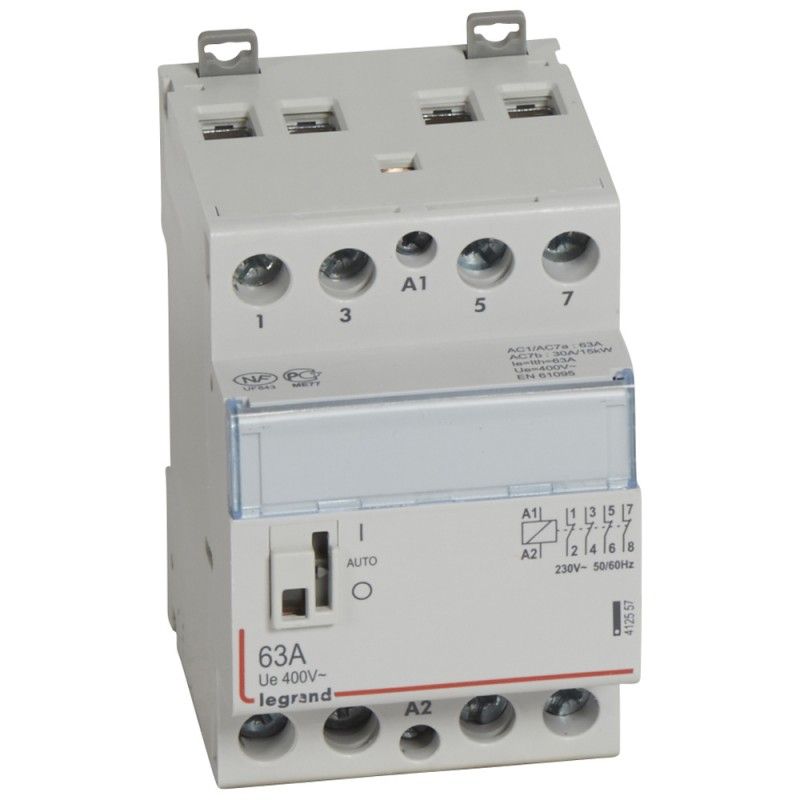 Contactor con bobina 230 V 4P 250V 63 A 4 NC 3 módulos. LEGRAND 412557