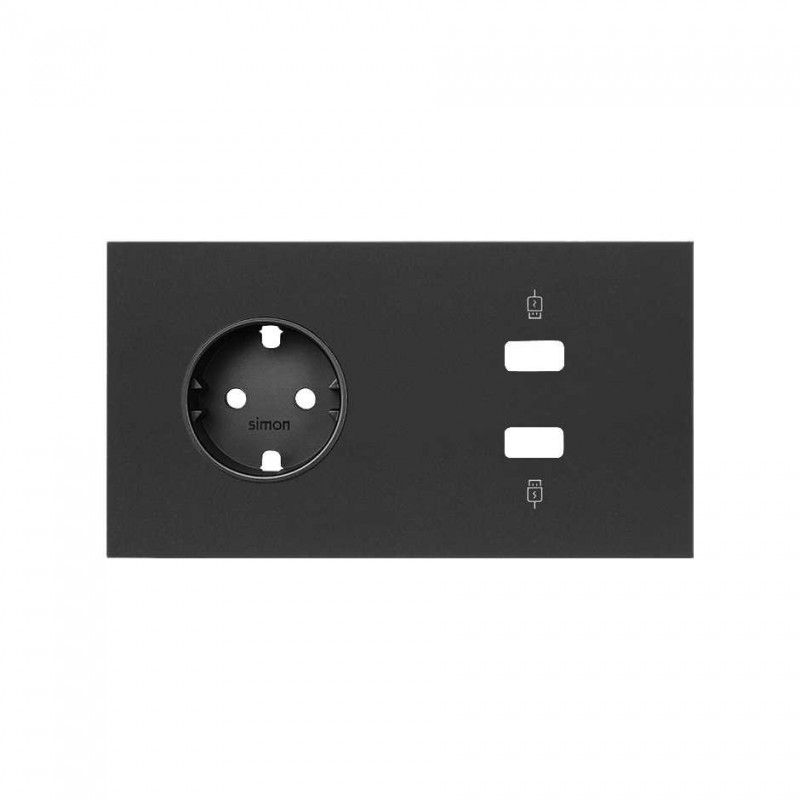 Simon 100 | Horizontal front kit for 2 elements with 1 2xUSB charger and 1 matte black schuko plug 10020205-238