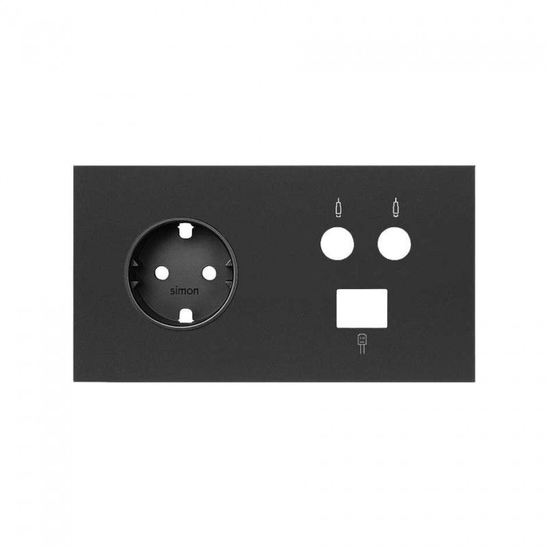 Simon 100 | Kit frontal 2 elementos con 1 enchufe schuko, 1 toma R-TV+SAT única con 1 conector RJ45 6 UTP negro mate 10020208-23