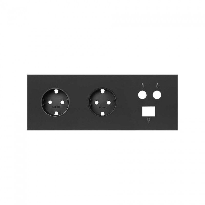 Simon 100 | 3-element front kit with 2 schuko plugs and 1 single R-TV + SAT socket with 1 matte black RJ45 connector 10020303-23