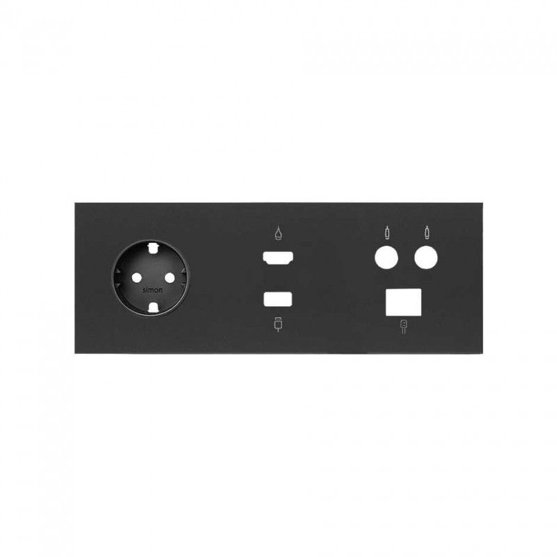 Simon 100 | Front Kit 3 Elemente mit 1 Schuko-Stecker, 1 HDMI + USB-Anschluss und 1 R-TV + SAR-Buchse nur mattschwarz 10020304-2