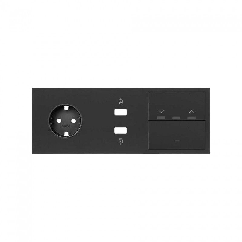 Simon 100 | Kit avant 3 éléments avec 1 prise schuko, 1 chargeur 2xUSB, 1 store à clé et 1 clé noire mate 10020306-238