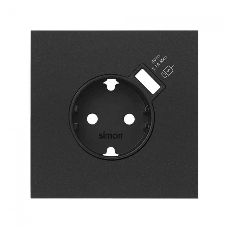 Simon 100 | 1 element front kit with 1 base schuko plug with integrated charger black matte 10020109-238