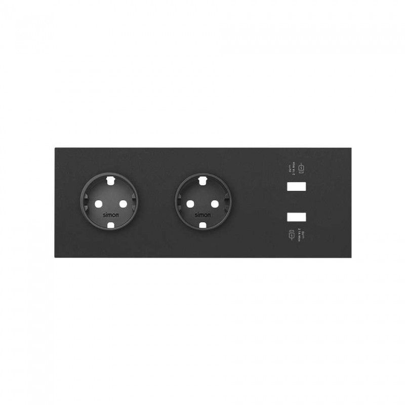 Simon 100 | Kit avant 3 elements avec 2 bases prise schuko et 1 chargeur 2xUSB noir mat 10020308-238