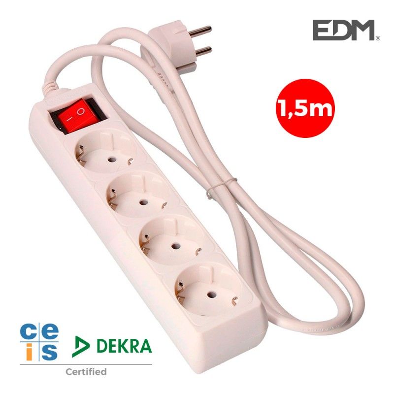 Base Múltipla com 4 Tomadas t/tl 10/16A Schuko + Switch 1,5m 3x1,5mm EDM