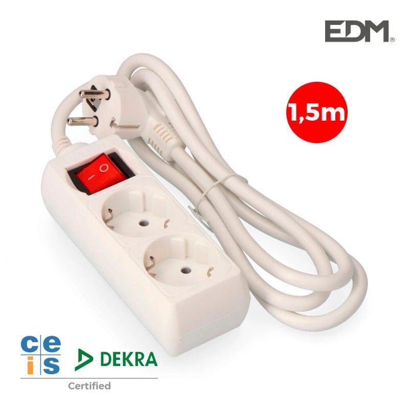 Base Múltipla com 2 Tomadas t/tl 10/16A Schuko + Switch 1,5m 3x1,5mm EDM