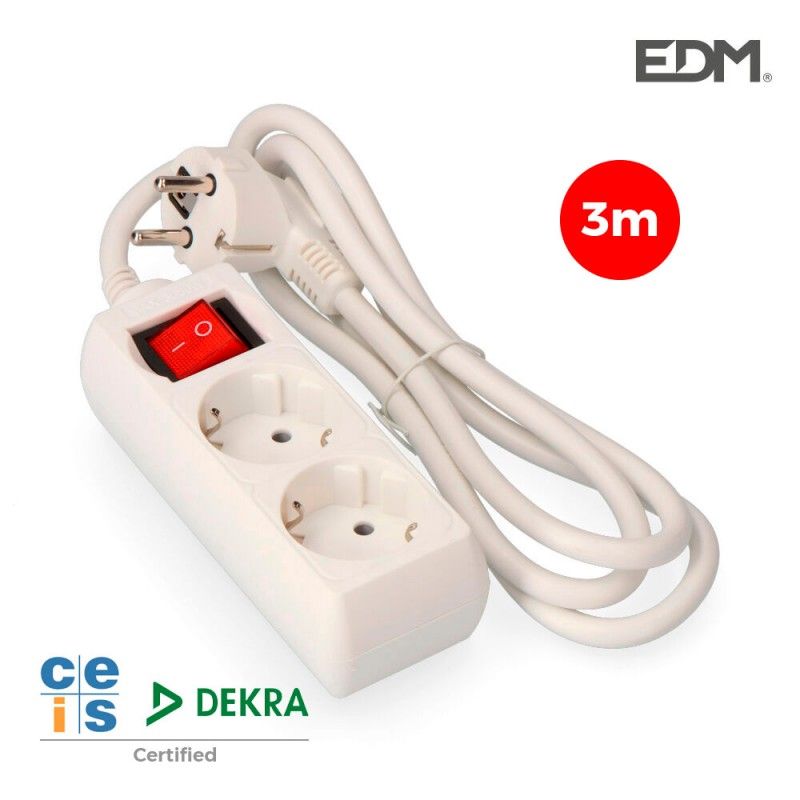 Base multiple 2 tomas schuko  con interruptor 3 mts. 3x1,5mm edm EDM 41018