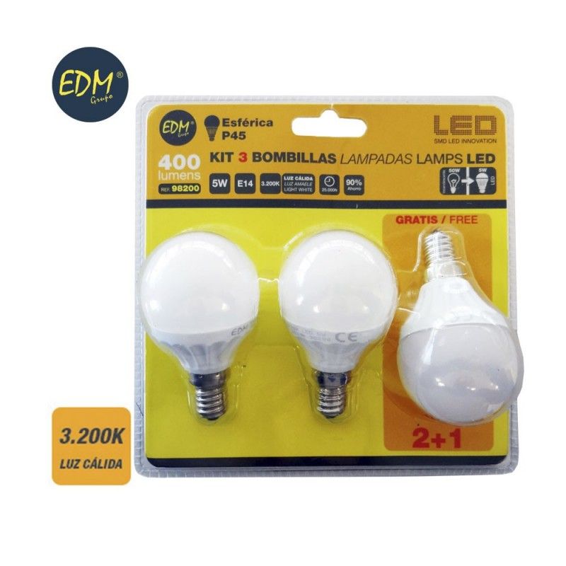 Kit de 3 Lâmpadas LED EDM Esféricas E14 5W 400lm 3200K Luz Quente Ø4,5x8cm