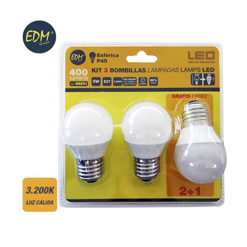 Kit de 3 Lâmpadas LED EDM Esféricas E27 5W 400lm 3200K Luz Quente Ø4,5x8cm