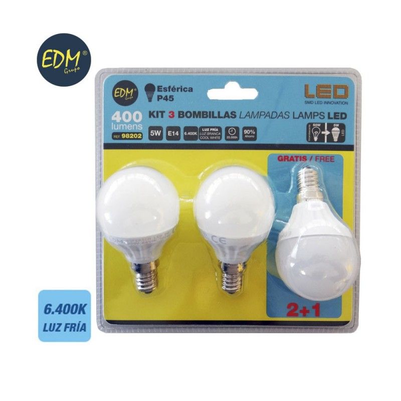 KIT 3 BOMBILLAS LED ESFERICAS 5W E14 6400K LUZ FRIA  EDM 98202