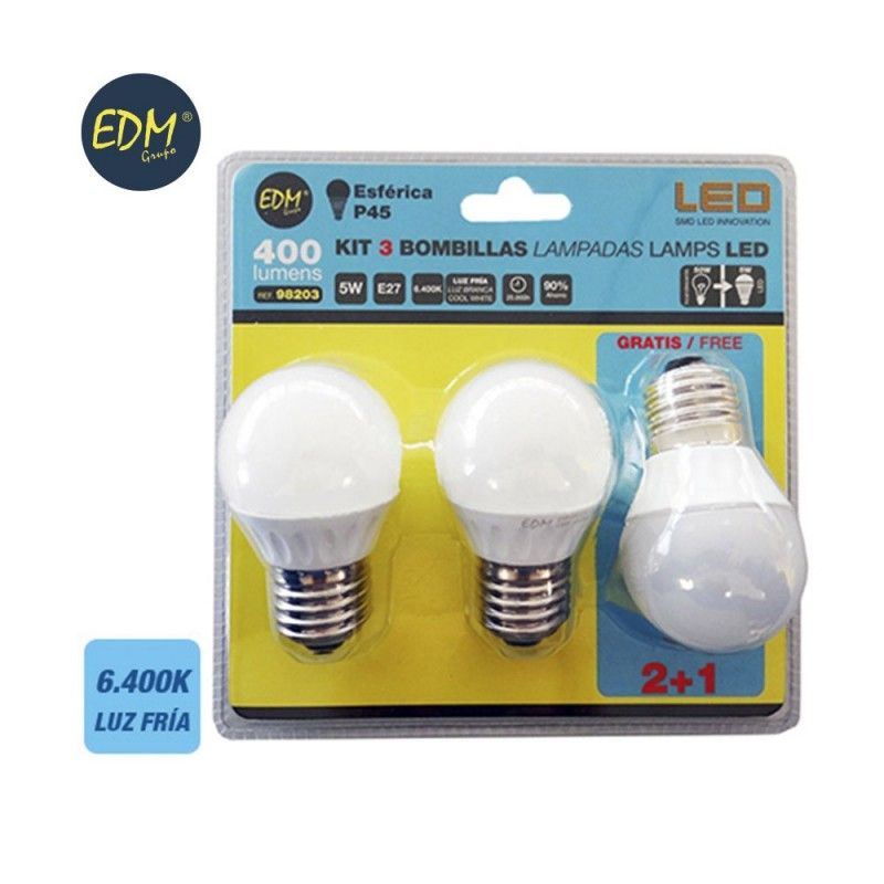 Kit de 3 Lâmpadas LED EDM Esféricas E27 5W 400lm 6400K Luz Fria Ø4,5x8cm