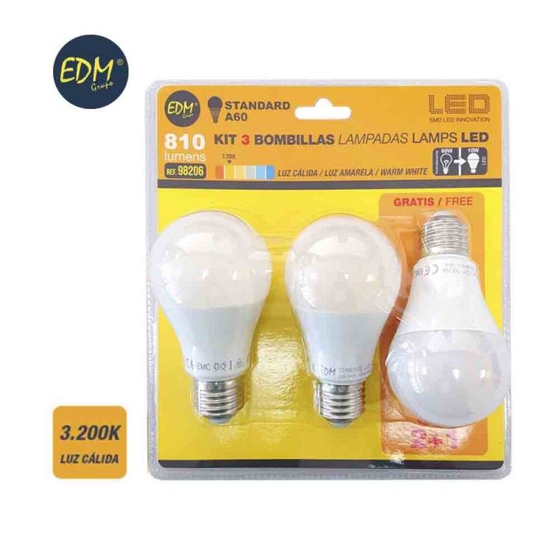 Kit de 3 lâmpadas LED padrão 10W E27 3200K luz quente EDM 98206