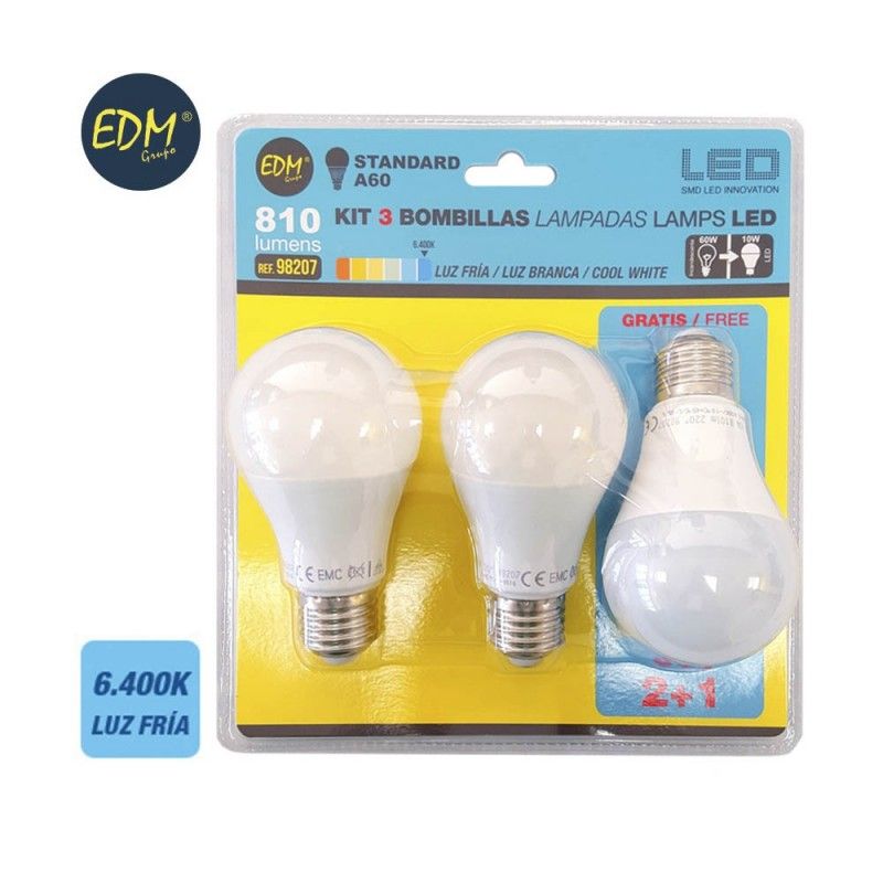 Kit de 3 Lâmpadas LED EDM Standard E27 10W 932lm 6400K Luz Fria Ø6x10,8cm