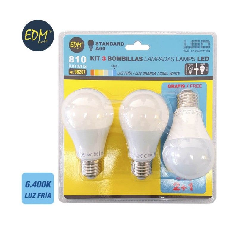 Kit de 3 lâmpadas LED padrão 10W E27 6400K luz fria EDM 98207