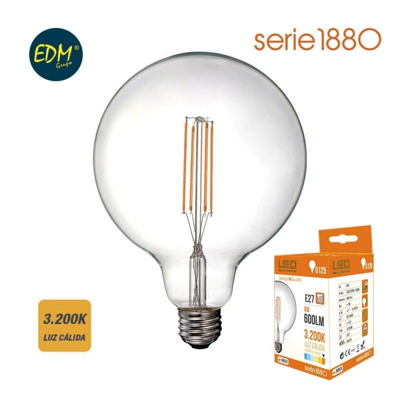 Lâmpada Globo Filamento LED EDM E27 6W 800lm 3200K Luz Quente Ø12,5x18,2cm