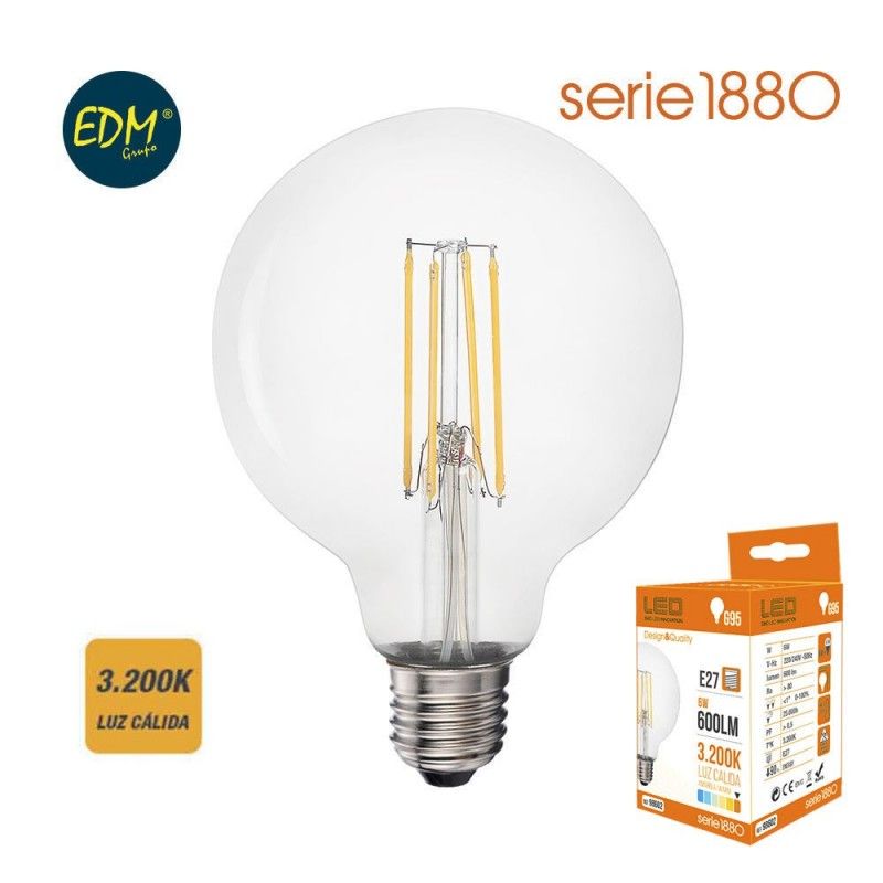 BOMBILLA LED FILAMENTO GLOBO DIAM. 95MM 6W 600 LUMEN  E27 3200K LUZ CALIDA 220-240V 50HZ EDM 98602