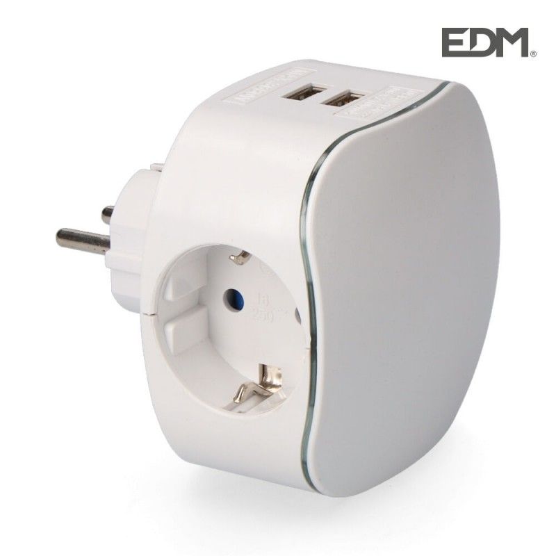 Adaptador Triplo Schuko EDM com 2 Saídas USB Perfil Iluminado 2100mAh (Retrátil)