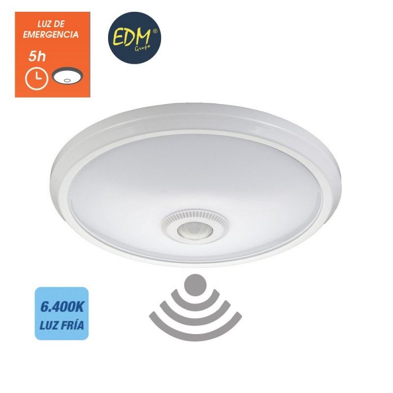 Aplique de superficie con sensor y luz de emergencia ip20 1100 lumens 16w 30 LEDs 6.400k luz fria EDM