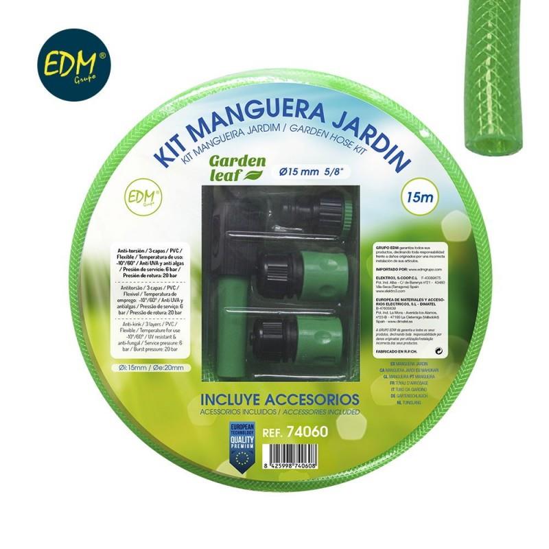 Kit manguera jardin ø interior 15mm ø exterior 20mm (5/8")  rollo 15m con accesorios