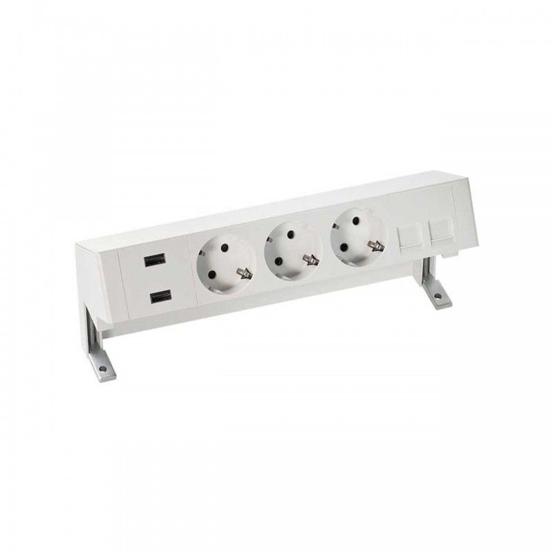 Kit completo de mesa com carregador 2xUSB, 3 plugues e placa para 2 conectores RJ45 brancos SIMON 42523020-130