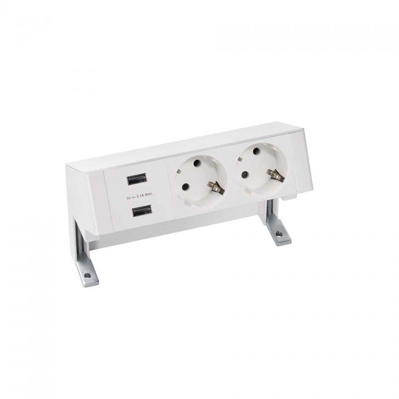 Kit sobre mesa completo com 1 carregador 2xUSB e 2 tomadas Schuko brancas SIMON 42322000-130