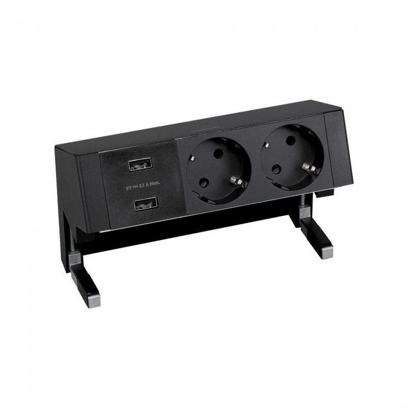 Kit sobre mesa completo com 1 carregador 2xUSB e 2 tomadas Schuko pretas SIMON 42322000-138