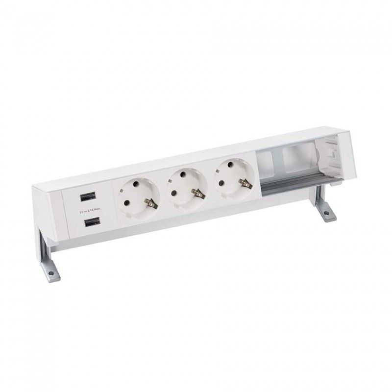 Kit de mesa branco com 1 carregador 2xUSB, 3 schukos e 2 elementos vazios, personalizável SIMON 42623000-130