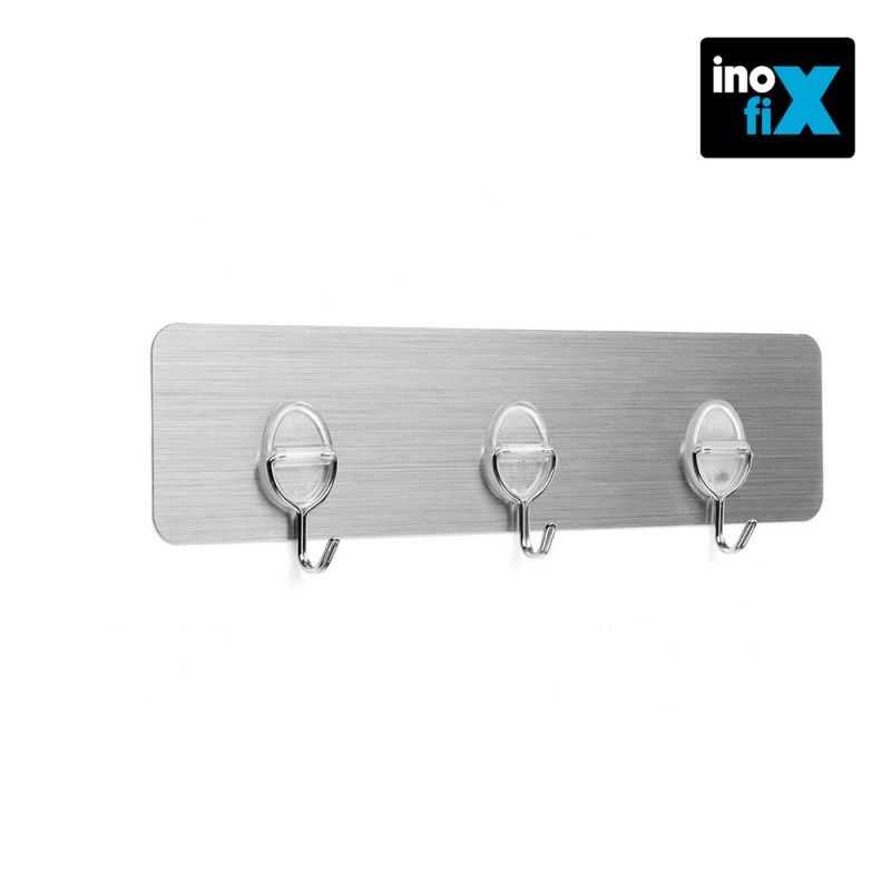 Colgador adherente reutilizable con 3 ganchos móviles acero inox . inofix