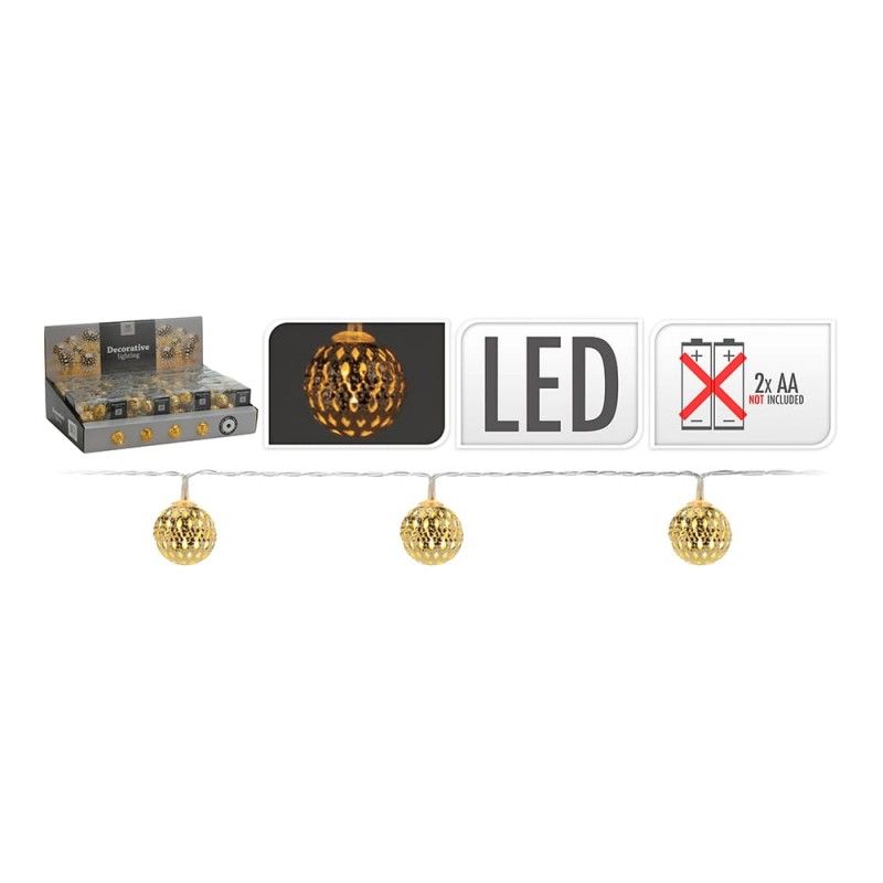 Guirlanda Fixa a Bateria 10 LEDs com Bolas Douradas Luz Branca Quente 1,3m