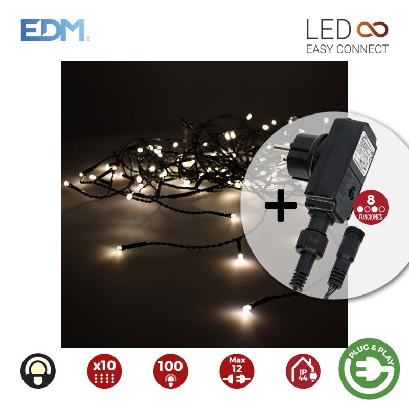 Cortina con programdor  2x1mts 10 tiras 100 leds blanco calido edm