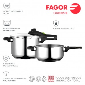 Panela de Pressão 7,5 L, Indução, Aço Inoxidável 18/10, 2 Níveis Pressão, 5  Sistemas de Segurança FAGOR Prata Rapid Xpress 8