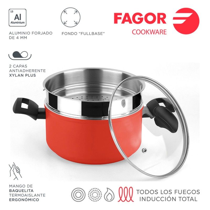 Casserole Induction 24 cm Acier Émaillé, Antiadhésif sans PFOA, Couvercle  Verre, FAGOR, Optimax, Rouge - Casserolerie - Achat & prix