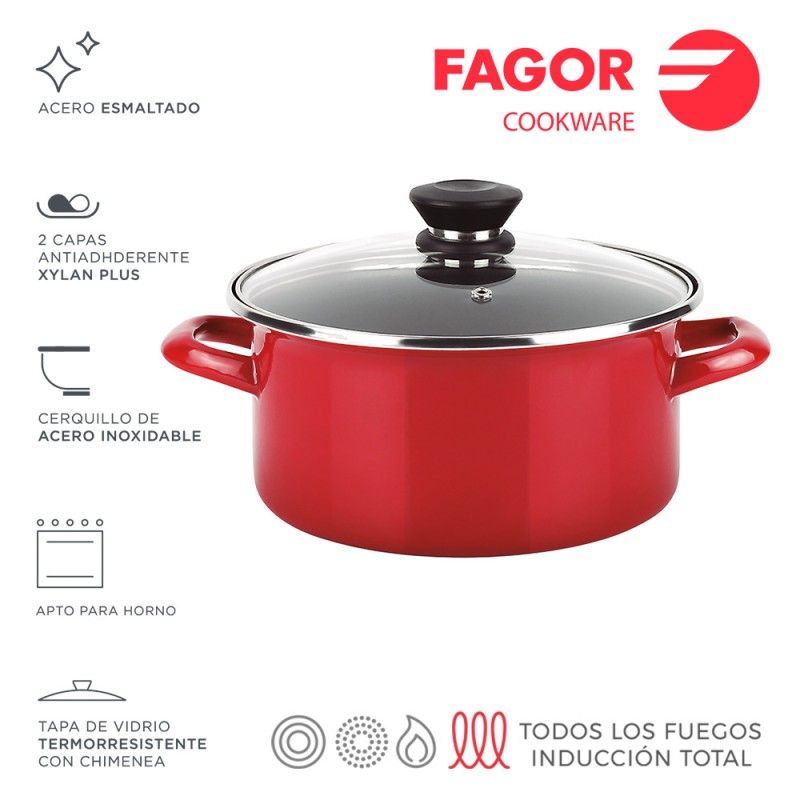 Olla optimax+tapa ø18cm roja acero aisi 430 fagor 