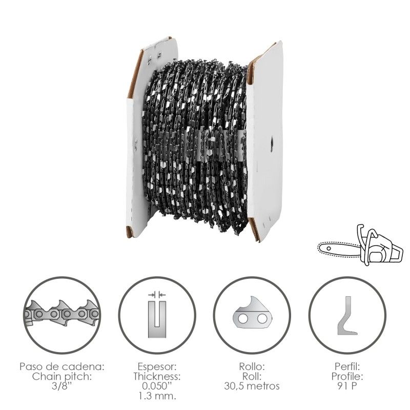 Corrente de motosserra 3/8" / 0,050" 1,3 mm. / 91 P / Rolo 30,5 metros.