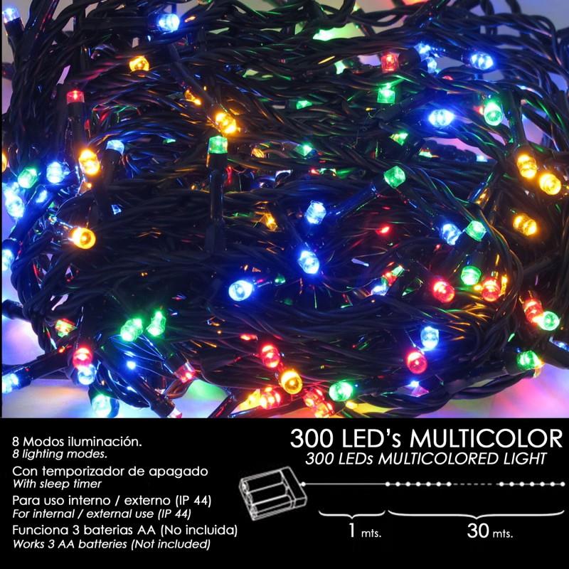 Luzes de Natal alimentadas por bateria 300 LEDs multicoloridos internos/externos (IP44)