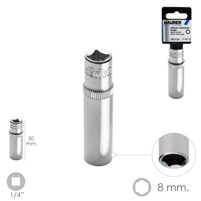 LLave Vaso Larga 1/4" / 8 mm. Hexagonal. / Longitud 50 mm. Realizada en Acero Cromo Vanadio AFT 02106400