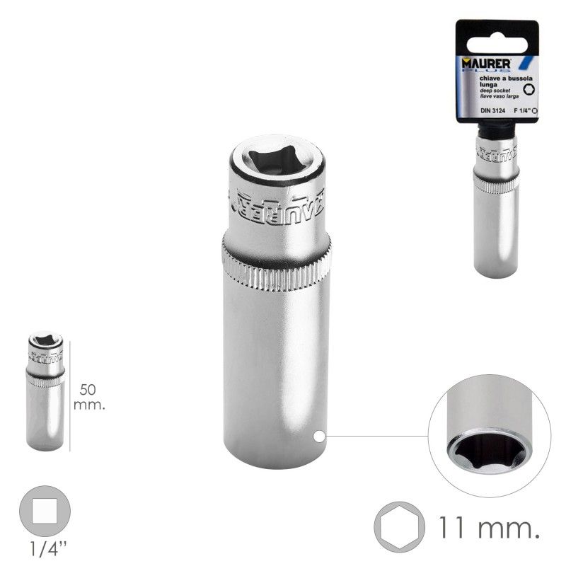 LLave Vaso Larga 1/4" / 11 mm. Hexagonal. / Longitud 50 mm. Realizada en Acero Cromo Vanadio AFT 02106410