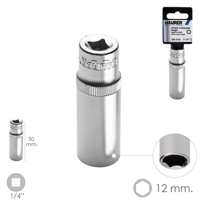 LLave Vaso Larga 1/4" / 12 mm. Hexagonal. / Longitud 50 mm. Realizada en Acero Cromo Vanadio AFT 02106415