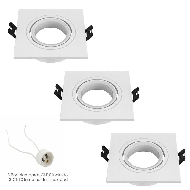 Aro Foco Empotrable Regulable Con Portalamparas Para Bombillas GU10. 93 x 93 x 25 mm. Bombilla vista. Pack de 3 unidades AFT 190