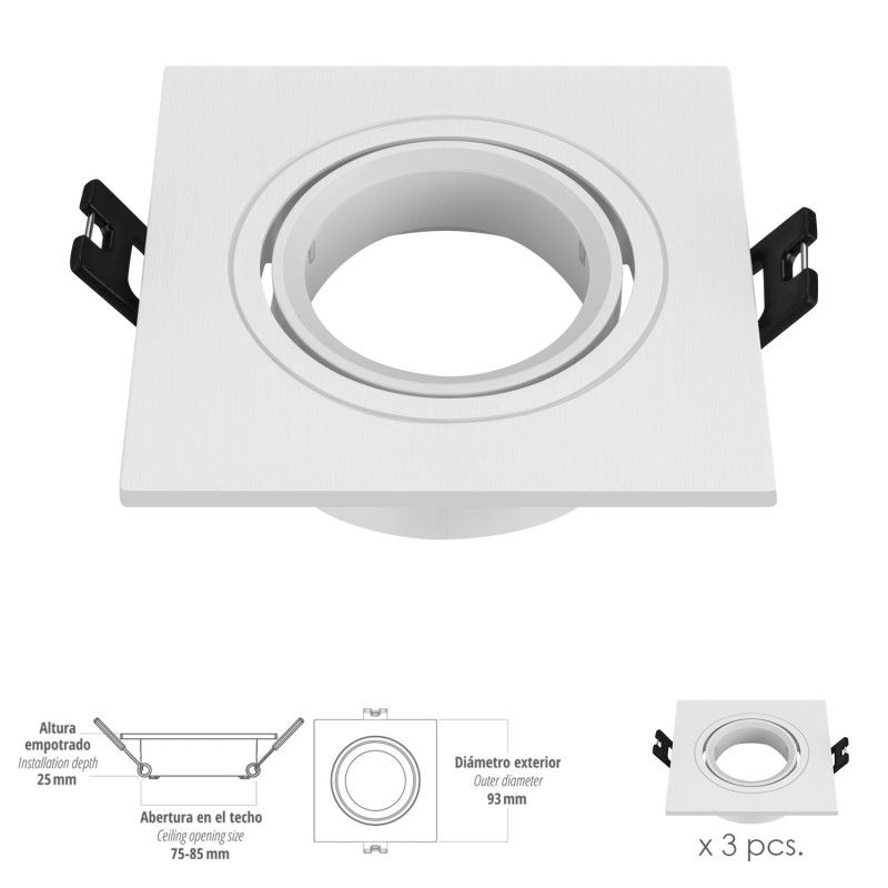 Adjustable Recessed Spotlight Ring With GU10 Lampholder. 93 x 93 x 25mm. Light  bulb sight. Pack of 3 units