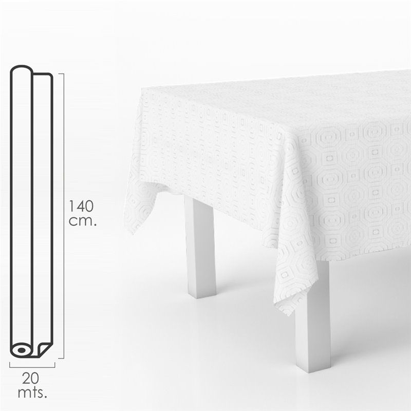 Mantel Hule Muletón Blanco Rectangular. Impermeable Antimanchas PVC 140 cm. x 20 metros. Rollo Recortable. Interior y Exterior