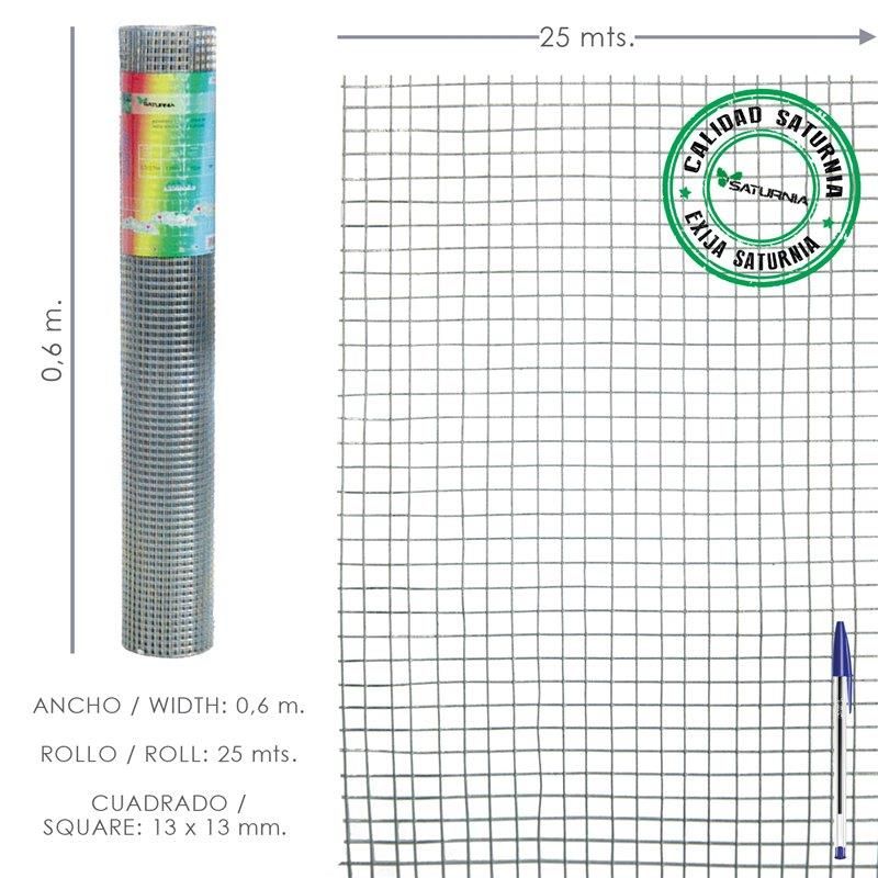 Malla Electrosoldada Galvanizada 13x13 / Altura 60 cm. Rollo 25 Metros. Uso Domestico