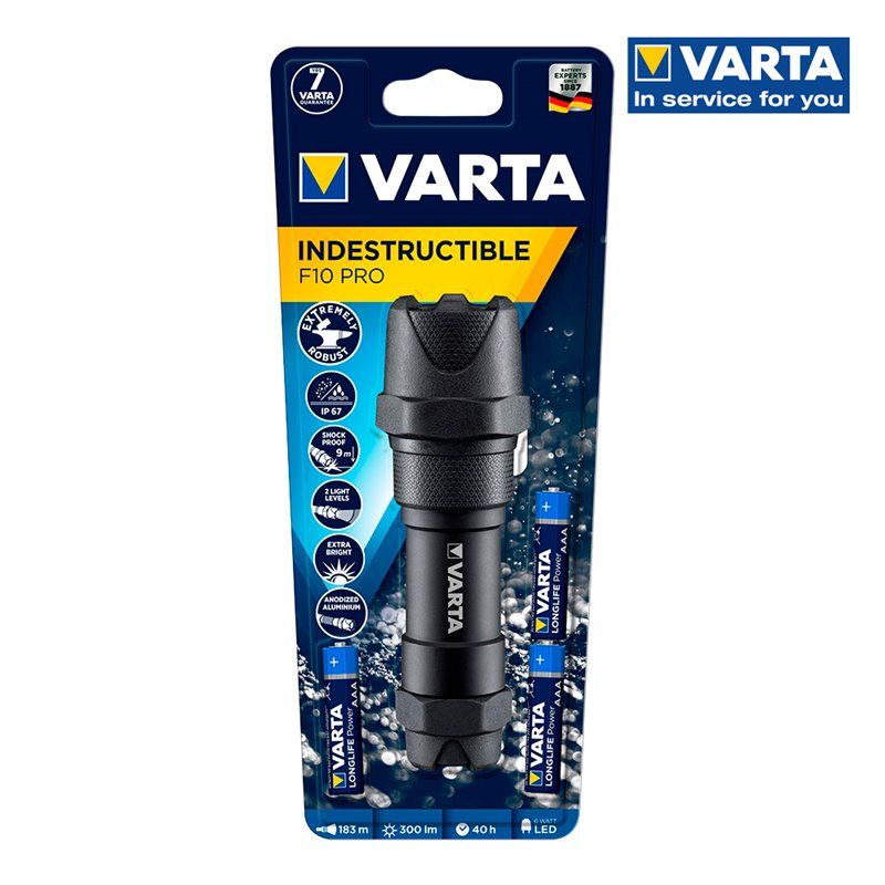 LINTERNA INDESTRUCTIBLE F10 PRO VARTA. 6 WAT 300Lm, DURACION HASTA 40HORAS, RANGO DE FOCO HASTA 183MTS, FUNCIONA CON 3 PILAS AAA