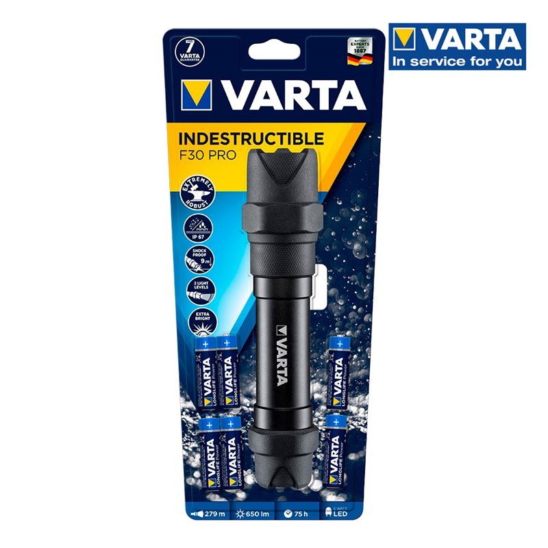 LINTERNA INDESTRUCTIBLE F30 PRO VARTA 6 WAT 650Lm, DURACION HASTA 75 HORAS, RANGO DE FOCO HASTA 279 MTS, FUNCIONA CON 6 PILAS AA