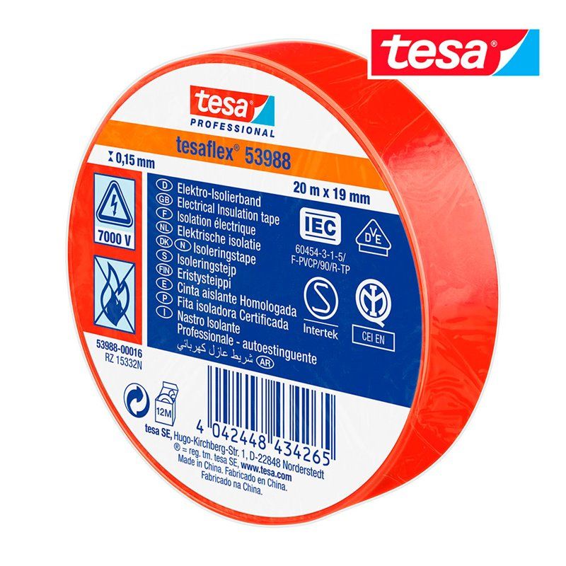 Fita isolante vermelha aprovada 20m x 19mm 53988 Tesa