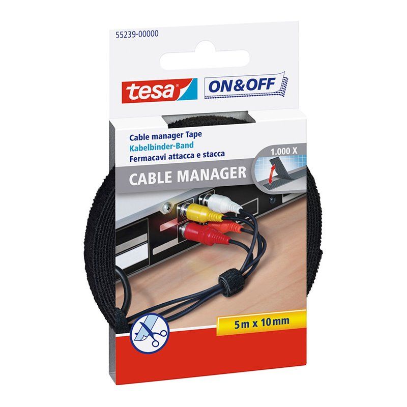 ORGANIZADOR DE CABLES CINTA DE CIERRE 5M X 10MM NEGRO 55239 TESA. PARA ORGANIZAR CABLES ELÉCTRICOS Y ACCESORIOS. REUTILIZABLE. S