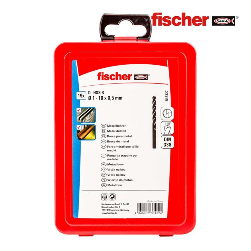 PACK 19 BROCAS METAL HSS-R DIN338 1-10  FISCHER. SU ACERO DE GRAN CALIDAD LE PROPORCIONA GRAN DURACIÓN Y UNOS ACABADOS PERFECTOS